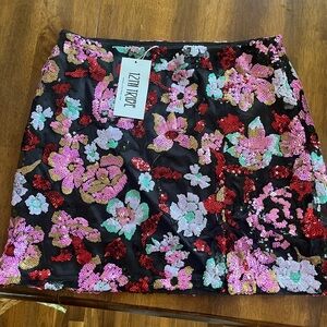 NWT 12th Tribe Black Mini Skirt with Pink and Red Floral Sequins L